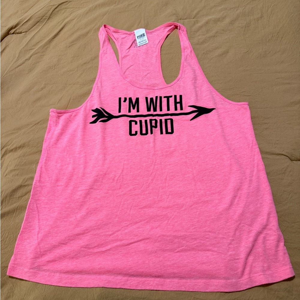PINK Victoria's Secret Pink Racerback Tank with Black "I'm With Cupid" Print